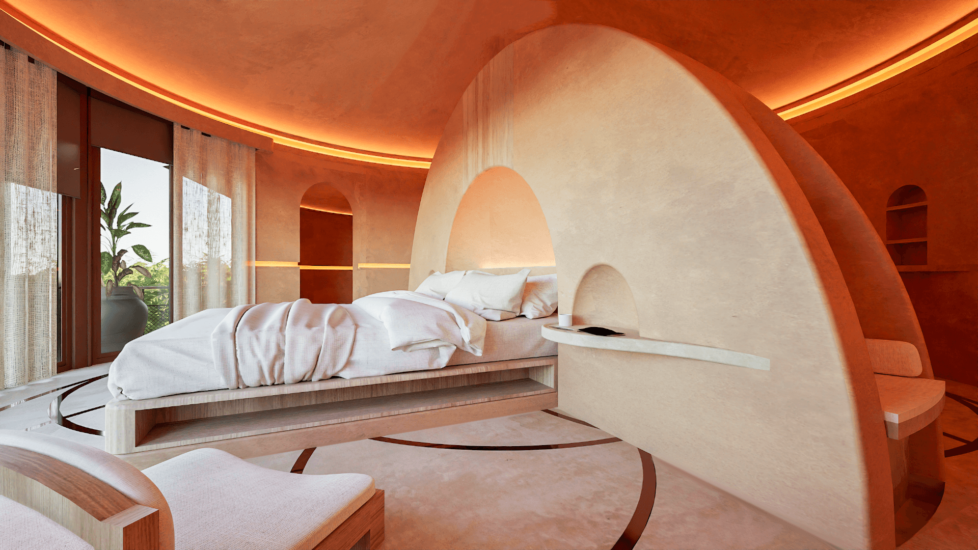 The dark meditation sanctuary at Holos — exterior view